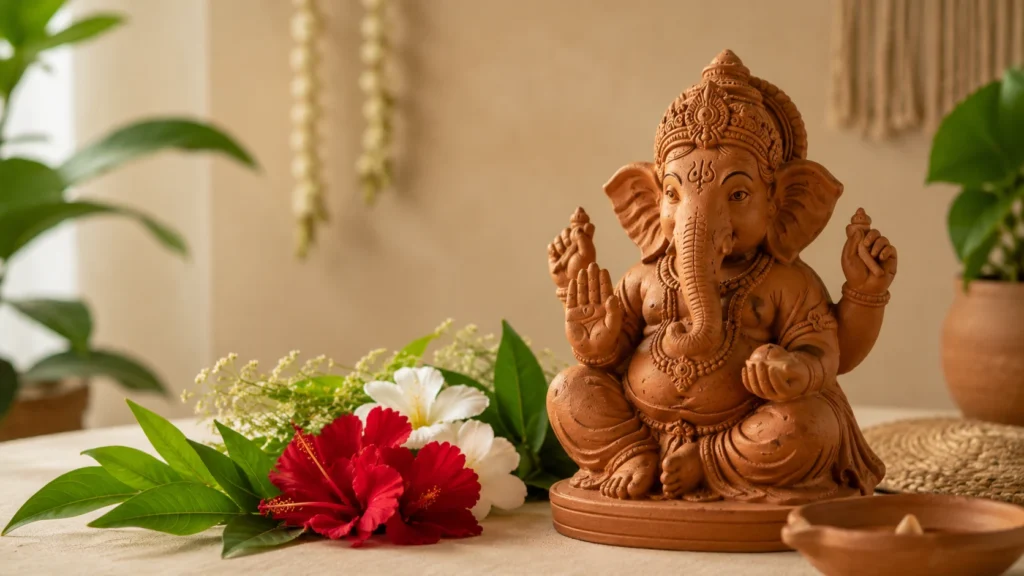 Natural clay Ganesha idol surrounded by fresh flowers and green leaves in a simple Indian home setting.