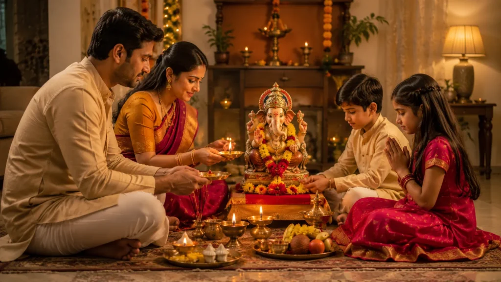 Indian family performing Ganesh Puja together at home with a decorated Ganesha idol, diyas, flowers and traditional puja items.