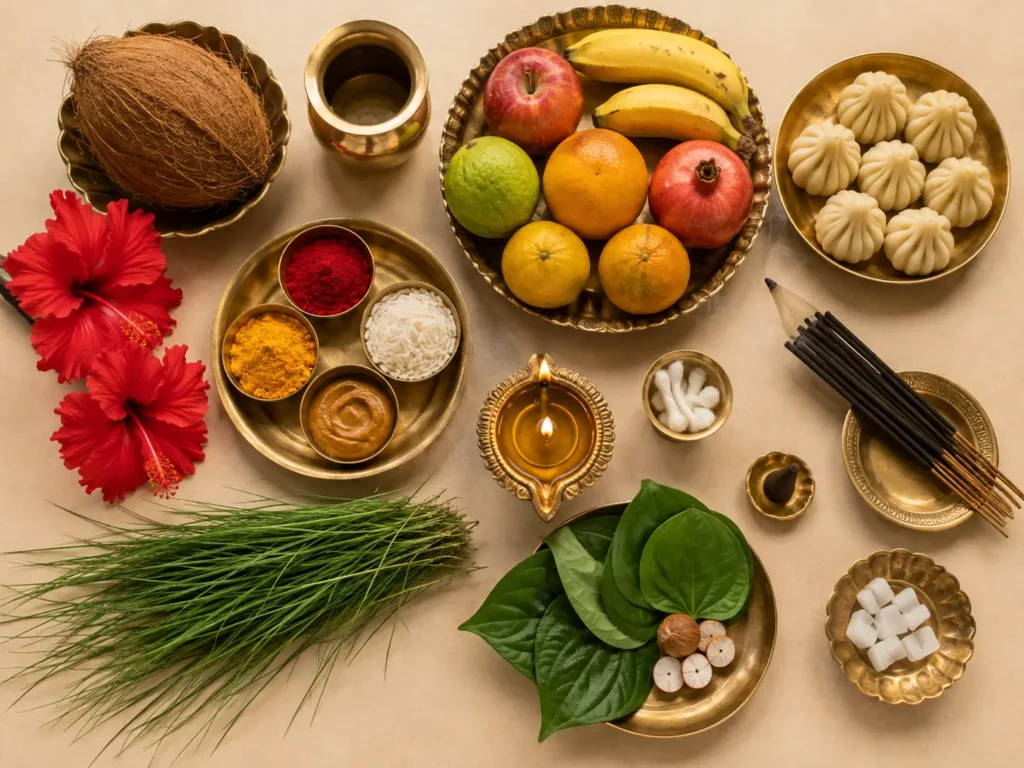 Traditional Ganesh Puja samagri including durva grass, hibiscus flowers, fruits, modaks, coconut, diya, incense, kumkum, rice and betel leaves arranged on a beige surface