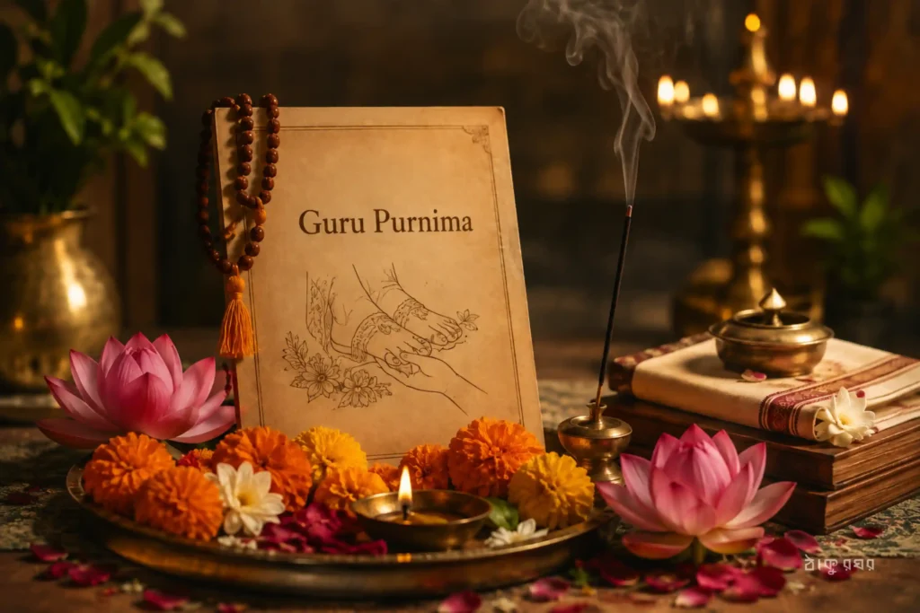 Guru Purnima puja arrangement with flowers, diya, incense and prayer offerings