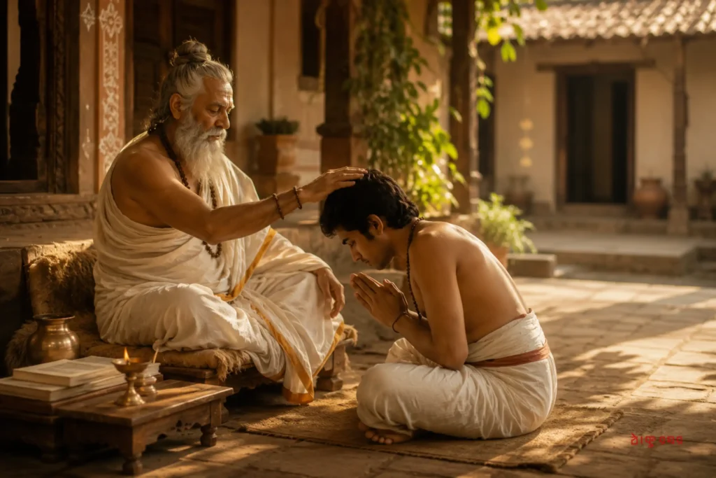 Traditional Indian Guru blessing a disciple during Guru Purnima