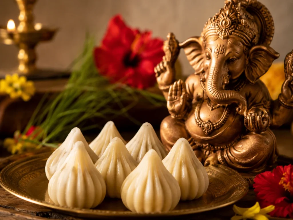 Traditional modaks arranged on a brass plate beside a Lord Ganesha idol with red flowers and durva grass.