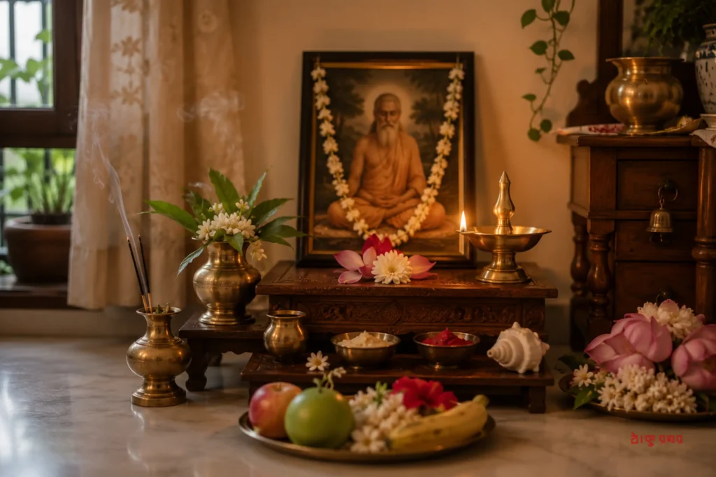Simple Guru Purnima puja arrangement with diya, flowers and offerings
