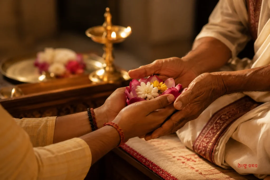Student offering flowers to a teacher as a gesture of gratitude