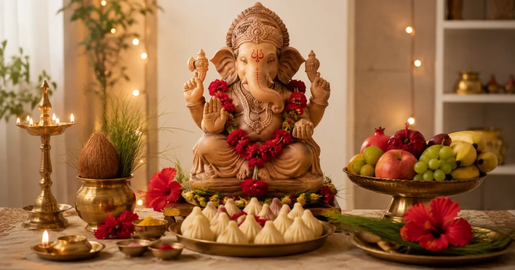 Traditional Ganesh Puja setup at home with Lord Ganesha idol, modaks, flowers, durva grass, fruits and diya